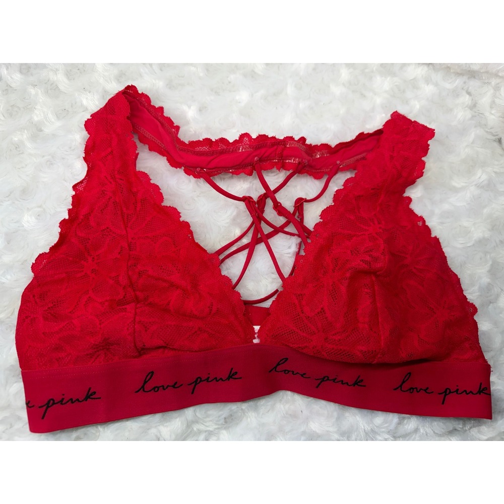 Victorias Secret PINK Red Floral Lace Strappy Back Bralette Love Band Medium‎